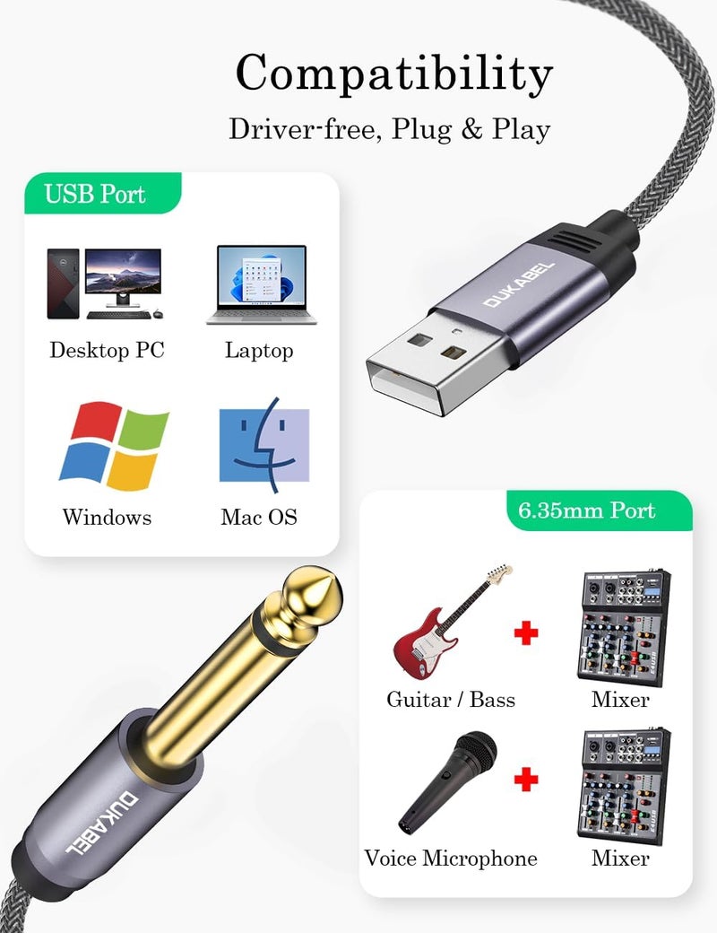 DUKABEL كابل جيتار USB، USB-A إلى كابل 1/4 TS لتسجيل الجيتار، 8 أقدام/2.4 متر كابل أحادي للأداة للباس، الخلاط، الكمبيوتر، اللابتوب (لا يعمل مع RockSmith) - Image 3